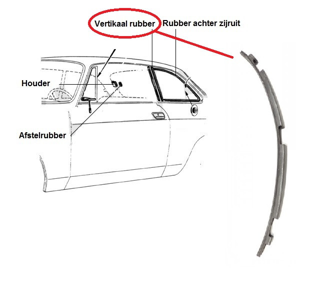 Rubber achter zijruit Bertone vertikaal